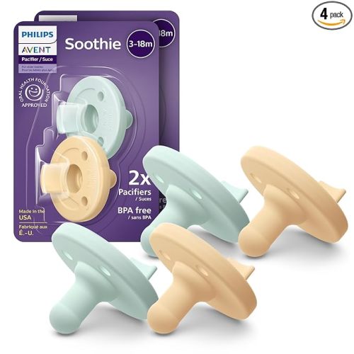 Philips Avent Soothie Baby Pacifiers - 100% Silicone Pacifiers for Babies 3-18 Months, One-piece Design, BPA-Free, Extra Durable, Green and Yellow, 4 Pack, Model SCF192/72