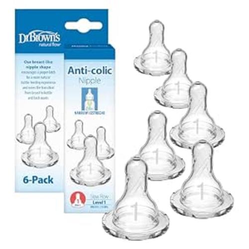Dr. Brown's Natural Flow Level 1 Narrow Baby Bottle Silicone Nipple, Slow Flow, 0m+, 100% Silicone Bottle Nipple, 6 Count (Pack of 1)