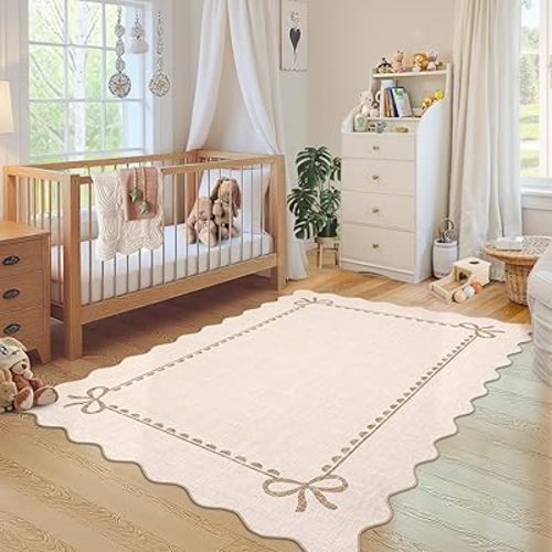 GarveeHome Scalloped Bow Rug 3x5 Washable Beige Rug for Bedroom Living Room