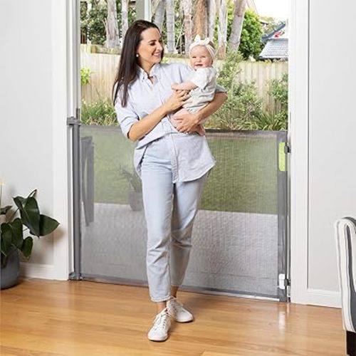 Retractable Baby Gate Perma Child Safety 41" Tall x 71” Wide, Mesh, for Stairs, Doorways, Dogs, Pets, Indoor, Outdoor, One-Handed Operation, Locking, Easy Install, Hardware Mount, Gray