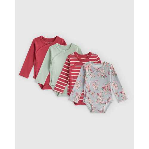 100% Organic Cotton Long Sleeve Snap Over Bodysuit 4-Pack - Baby Girl in Butterfly Floral Set