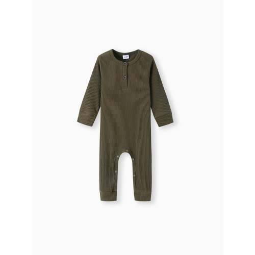 Baby Boy/Girl Cotton Ribbed Button Up Jumpsuit Army green