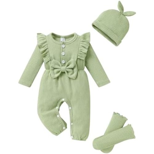 YOUNGER TREE Baby Girl Clothes Newborn Infant Ruffle Romper Long Sleeve Sweater Jumpsuit Hat Socks Toddler Fall Winter Outfit