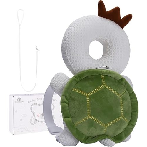 Bebamour Baby Walkers Head Protector Toddler Adjustable Baby Safety Pad Backpack Wear for Crawling with Safety Leash (White, Tortoise)
