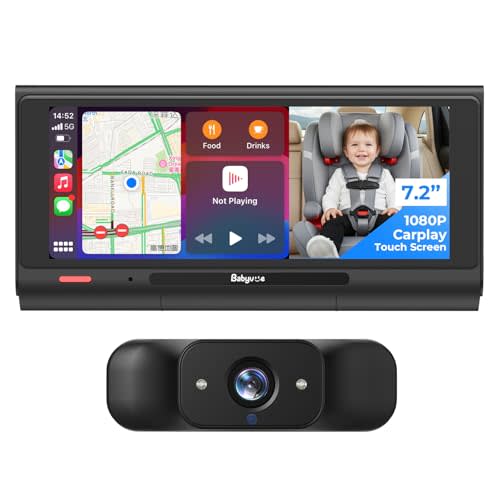 Babyvue BV7 7.2" Baby Car Camera with Carplay Split Screen and Recording, 1080P IR Night Vision Car Baby Monitor, Foldable Stand, Sleep Mode, Easy Install & Quick Pairing for Safer Driving