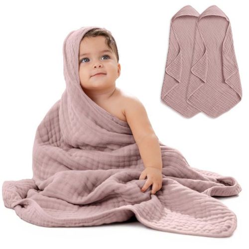 Comfy Cubs Hooded Baby Towels - 6 Layer, 100% Muslin Cotton - Large 32 x 32 Inch, Unisex, Mauve
