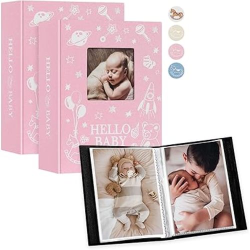 Lanpn Baby Photo Album 4x6 100 Pockets 2 Packs, Mini Linen DIY Window Photo Book Newborn Bebe Album Memory Book Sets, Holds 100 Top Loader Vertical Pictures Gift for Kids Boy Girl Baby Shower, Pink
