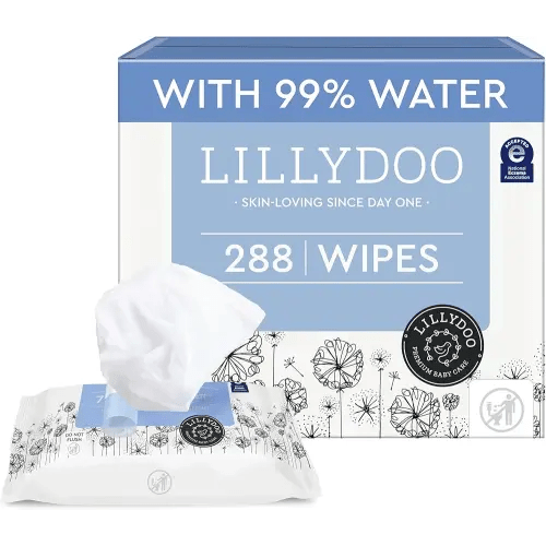 LILLYDOO Baby Wipes with 99% Water – Unscented, Hypoallergenic, Plant-Based, Strong & Plastic-Free, Compostable, 4 resealable Packs x 72 (288 Wipes Total)