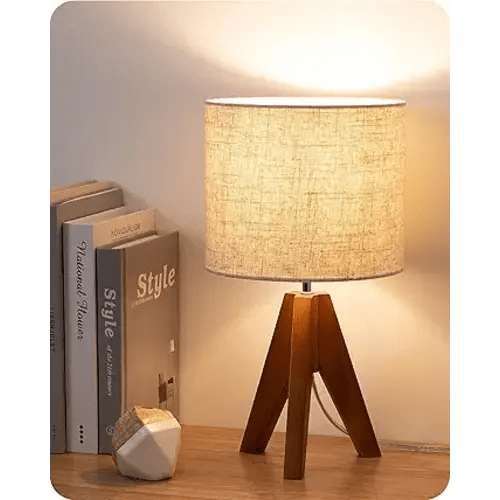 Tripod Table Lamp, Small Cute Bedside Lamp with Linen Beige Lampshade, Nightstand Lamp for Nursery, Bedroom, Kid Room, Living Room, Light Brown Wooden Base, E26 Socket, 14.2 Inch