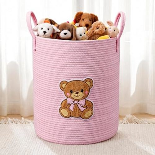 LemonRoad Laundry Hamper Large Cotton Rope Storage Basket Woven Storage bucket with Handles for Bathroom Bedroom Nursery Toy Clothes Organizer, 60 L(Pink Bear)