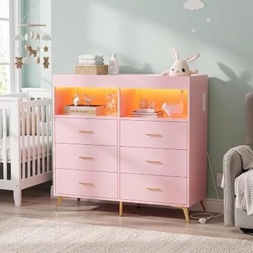 Nursery Changing Table Dresser with LED Lighting and Charging Function, 6 Drawer Storage Dresser with 2 Open Compartments, Convertible Baby Diaper Station for Nursery and Bedroom Use (Pink-new)