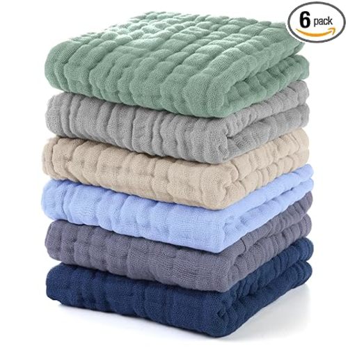 Unnivoll Muslin Burp Cloths Baby 12''X12'', Baby Washcloths 6 Pack, 100% Cotton Baby Wash Cloths Absorbent and Soft for Newborn Infants Kids Boys Girls - Multicolor