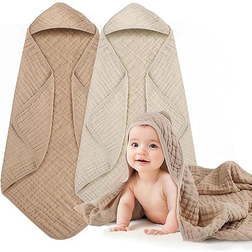 Hooded Baby Bath Towels for Newborn 2 Pack – 6-Layer 100% Muslin Cotton Baby Towels with Hood for Babies, Infants & Toddlers – Large 32x32 Inch Soft Absorbent Unisex Newborn Bath Essentials