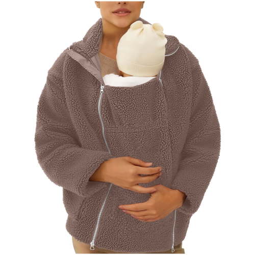 Mifsaly Maternity 2 In 1 Fuzzy Fleece Jacket Women Zip up Thick Warm Winter Coat Pregnant Thermal Teddy Coats Cold Weather Baby Wearing Outerwear with Pockets Coffee XL