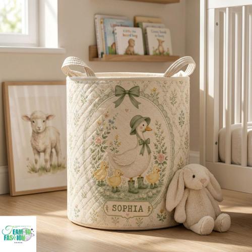 Personalized Duck Laundry Basket Vintage Farmhouse Toy Storage Bin, Custom Name Cottagecore Nursery Hamper, Botanical Baby Girl Gift