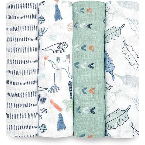 aden + anais Essentials Swaddle Blanket, Muslin Blankets for Girls & Boys, Baby Receiving Swaddles, Newborn Gifts, Infant Shower Items, Wearable Swaddling Set, 4 Pk, Dinotime