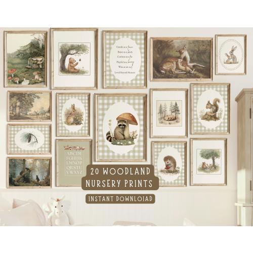 20 Woodland Nursery Print Set:  Vintage Forest Wall Art, Bear Bunny Racoon Art, Storybook Decor