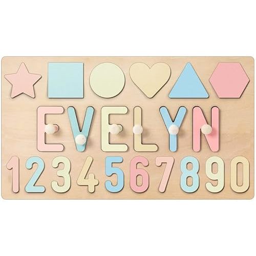 EOBIBIFUN Custom Wooden Name Puzzles for Toddlers 1-3, Baby Name Puzzle with Number and Shapes, Personalized Birthday Gifts for Baby Girl & Boy, Toddler Learning Toys
