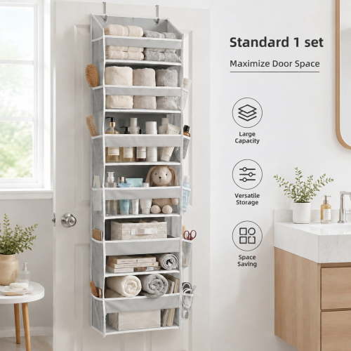 6-Tier Over The Door Organizer Hanging, Extra Thick 100D Fabric, 12 Mesh Pockets Shoe and Closet Storage, Heavy Duty 50lbs Capacity, Light Gray