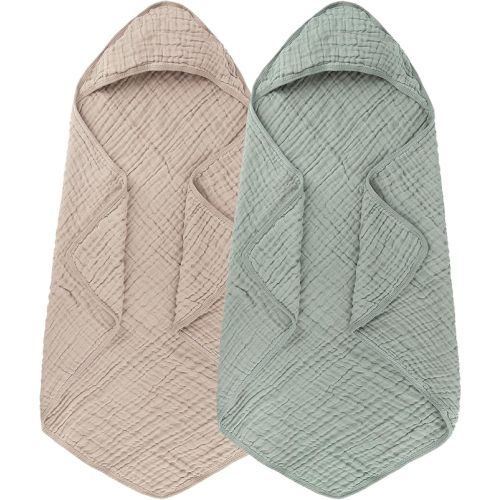2 Pack Hooded Muslin Cotton Baby Towels (Green/Brown), 32 by 32 Inches, Ultra-Soft & Breathable for Baby Bath Time
