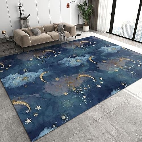 Modern Fashion Home Decor Kids Area Rug, Cartoon Night Scene Golden Moon Star Cloud Blue Living Room Rug, Soft Anti-Slip Easy Clean Durable Foldable Mat for Bedroom Entryway Kitchen 5x6ft