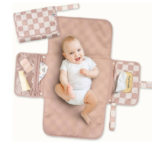 Tiny Twinkle Portable Diaper Changing Pad | Waterproof, Wipeable & Compact Baby Changing Pad for Travel | Smart Wipes Pocket & Organized Storage| Newborn Shower Gift (Beige Checkers)