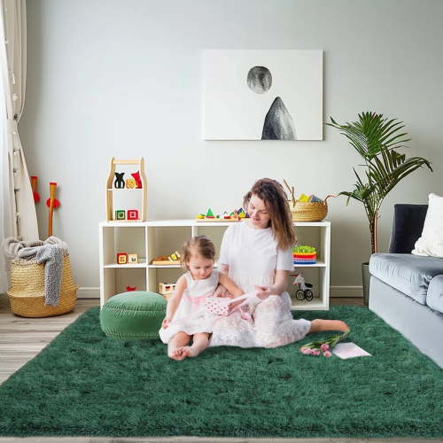 Socofuz 5x7ft Dark Green Fluffy Rug, Soft Non-Slip Carpet for Living Room, Bedroom, Girls Kids Room, Nursery Home Decor