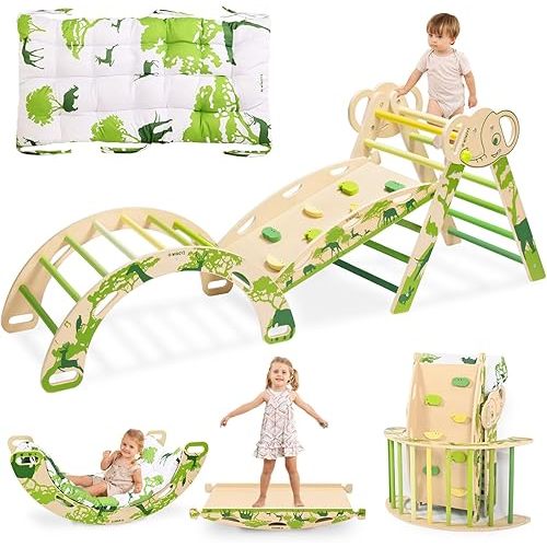 wingyz 8-in-1 Pikler Triangle Set with Cushion-Foldable Baby Climbing Toys with Arch, Ramp & Ladder | Montessori Toddler Climber Indoor Jungle Gym for 1-3 Year Olds (Green)