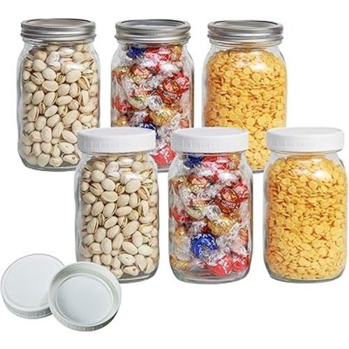6 Pack 32 oz Mason Jars, Wide Mouth Mason Jars with Lids and Bands and 6 White Plastic Mason Jar Lids, Canning Jars for Overnight Oats, Food Storage, Dry Food, Snacks, Candies and More