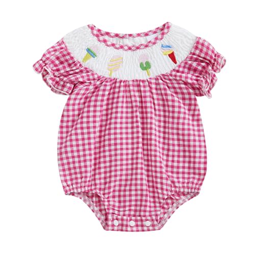 FIOMVA Toddler Baby Girl Clothes Summer Smocked Romper Bow Embroidery Bubble Onesie Short Sleeve Cute Bodysuit Outfits