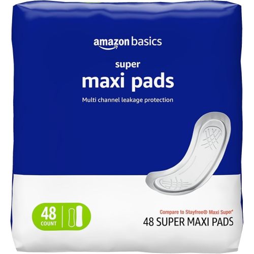 Amazon Basics Maxi Pads For Periods- Thick, Super Absorbency, Unscented, 48 Count, 1 Pack