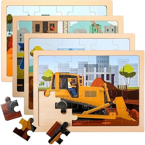 4-Pack Wooden Puzzles for Kids Ages 3-5, 24-Piece Construction Vehicle Set