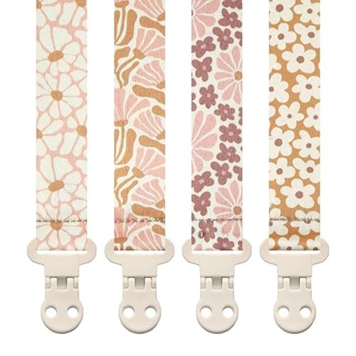 Stadela Baby Pacifier Clip Holder - Girl 4 Pack Gift Set – Boho Modern Pink and Beige Flowers Floral (Nolana)