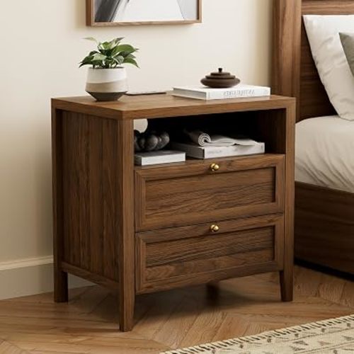 Farmhouse End Table with 2 Drawers, Wooden Nightstand with Open Storage Cable Hole Freestanding Wide Bedside Table for Bedroom Living Room Sofa, Brown
