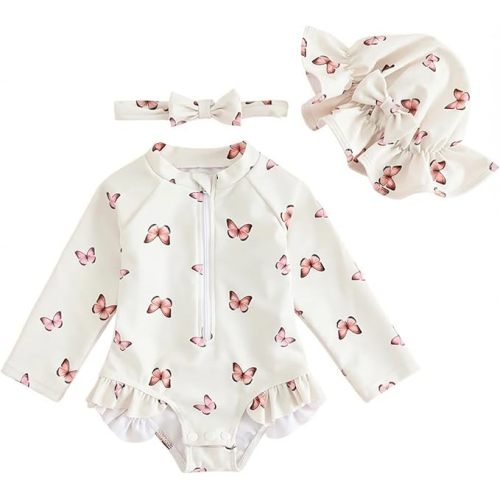 FishingDino Baby Swimsuit Girl Rash Guard Newborn 0M-3T, Long Sleeve UV Infant Bathing Suit with Hat & Headband, Bottom Snaps