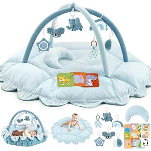 5-in-1 Plush Baby Play Gym, Activity Mat with Convertible Gym and Pillow, 6 Sensory Toys, Play Center from Newborn to Toddler, Blue