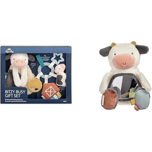Itzy Ritzy Farm Toy and Sensory Mirror Gift Set - Cow Lovey, Farm Busy Ring, and Crinkle & Jingle Cow Mirror