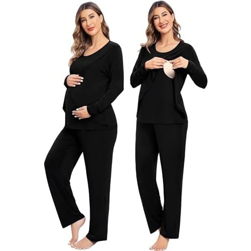 SWOMOG Women Maternity Pajama Set Nursing Pjs Double Layer Long Sleeve Top & Pants Breastfeeding Pregnancy Set with Pockets