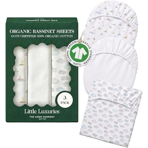100% Organic Cotton Bassinet Sheets 3 Pack - (33 x 20 Inches) Baby Delight - GOTS Certified, Soft Breathable Percale Weave, Universal Fits Standard Oval & Rectangular Mattress - for Boys & Girls