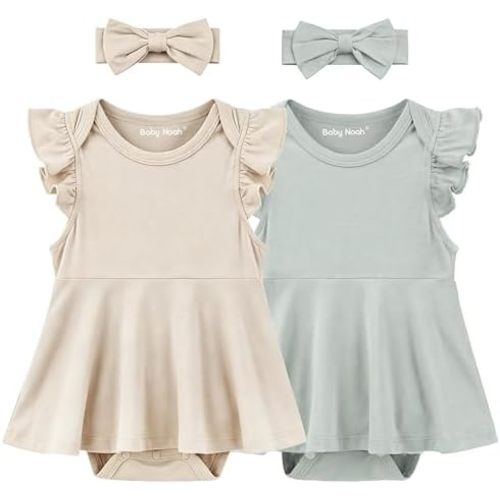 2 Pack Baby Girl Bodysuit Flutter Sleeves Dress, Cute Ruffle Romper Outfit with Headband, Newborn Infant Pajamas 0-12 Months