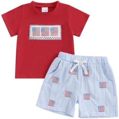4th Fourth Of July Toddler Baby Boy Outfit American Flag T-Shirt And Plaid Shorts Smocked Outfits Two Piece