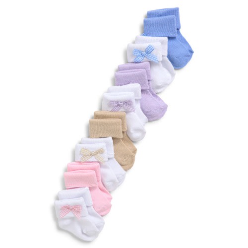 Assorted 8-Pack Cuffed Crew Socks with Bows, 0-6 M