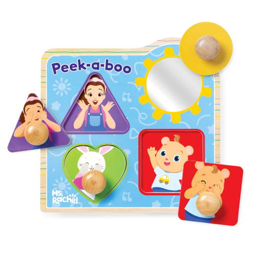 Ms. Rachel Wooden Peek-a-Boo Jumbo Peg Puzzle, 4-Piece Toddler Toy with Mirror for Ages 1+