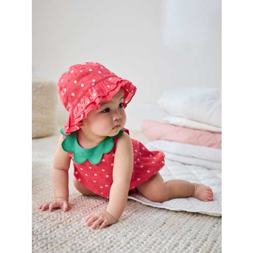 Red Strawberry Printed Woven Baby Romper and Hat Set