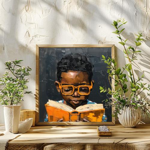 Black Boy Reading Art Print, Nursery Decor, Stretched Canvas