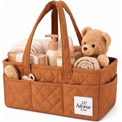Adonia & Co Diaper Caddy Organizer – Baby Essentials Organizer, Nursery Storage Basket for Diapers, Wipes & Newborn Essentials – Portable, Machine Washable, Structured DesignBrown)