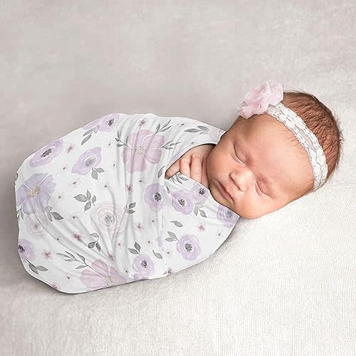Sweet Jojo Designs Watercolor Floral Baby Girl Swaddle Blanket Jersey Stretch Knit for Newborn or Infant Receiving Security - Lavender Purple, Pink and Grey Boho Shabby Chic Rose Flower