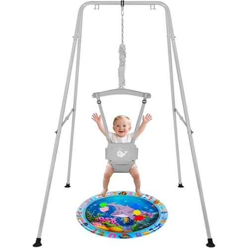 Baby Jumper with Stand for 6-24 Months, Baby Exerciser for Active Babies, Toddler Jumper Bouncers for Baby Girl/Boy with Adjustable Chain, Suitable for Indoor and Outdoor, Water Mat Included(Gray)