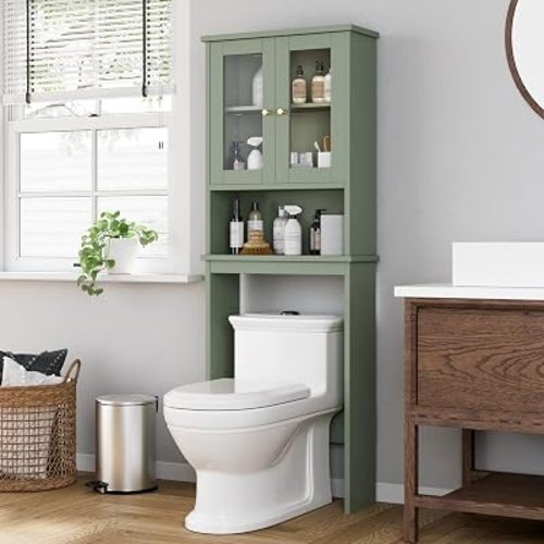 Shintenchi Over the Toilet Storage Cabinet, Bathroom Shelf Organizer with Anti-Tip Device Small Freestanding Space Saver with Adjustable Shelf and Glass Door, Green