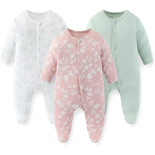 Unisex Baby Boy Girl Footies Rompers Cotton Long Sleeve 3 Pack Infant Jumpsuits 0-12Months Babies' Outfits